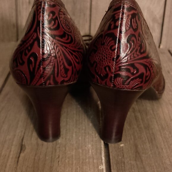 Nurture Sandee Peep Toe Brown Leather Embossed Heel Pumps Size 8M - Picture 10 of 16